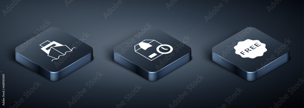 Set Isometric Cargo ship with boxes delivery, rice tag Free and Cardboard clock icon. Vector Set Isometric Cargo ship with boxes delivery, rice tag Free and Cardboard clock icon. Vector