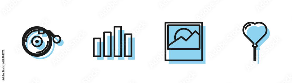 Set line Photo, Vinyl player with disk, Music equalizer and Balloon form of heart icon. Vector Set line Photo, Vinyl player with disk, Music equalizer and Balloon form of heart icon. Vector