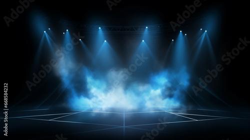 Illuminated stage with scenic lights and smoke. Blue spotlight with smoke light effect generative ai © Witri