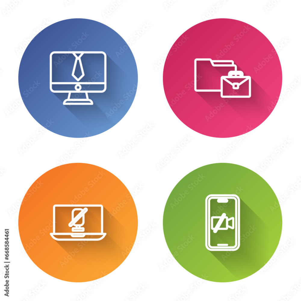 Set line Video chat conference, Online working, Mute microphone laptop and camera Off mobile. Color circle button. Vector Set line Video chat conference, Online working, Mute microphone laptop and camera Off mobile. Color circle button. Vector