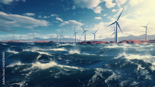 Wind turbines on the open sea to generate climate-neutral electricity photo