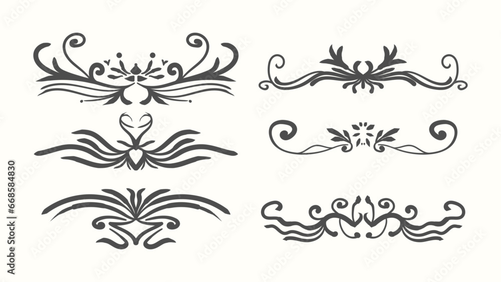 Borders and dividers decorative ornamental elements. Vintage retro, swirl, scroll and divide