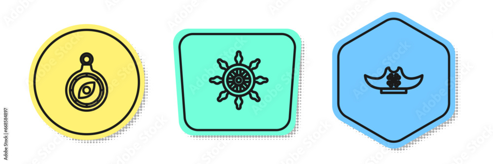 Set line Compass, Ship steering wheel and Pirate hat. Colored shapes. Vector Set line Compass, Ship steering wheel and Pirate hat. Colored shapes. Vector