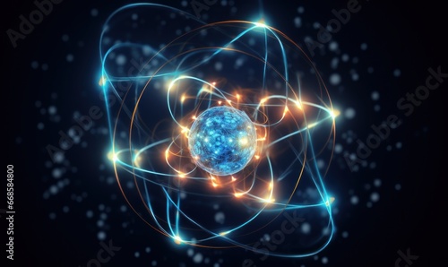 Science background with a model of an atom and flying electrons