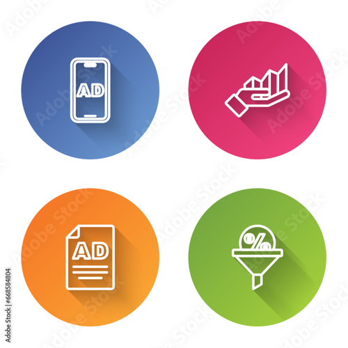 Set line Advertising, Pie chart infographic, and Lead management. Color circle button. Vector