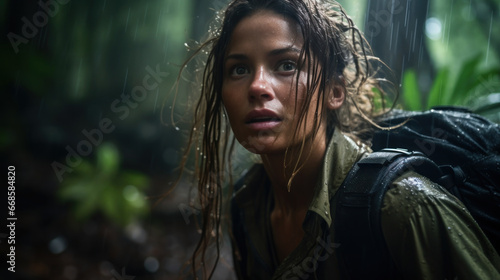 Fototapeta Naklejka Na Ścianę i Meble -  Young woman trekking natural in the rain forest