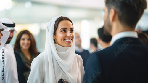 Dubai business woman talking with foreign business people