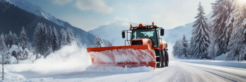 A snowplough working to remove snow from a road after a winter storm. Winter road clearing - obrazy, fototapety, plakaty 