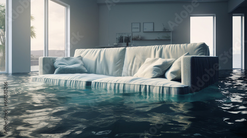 Living room flooded with water