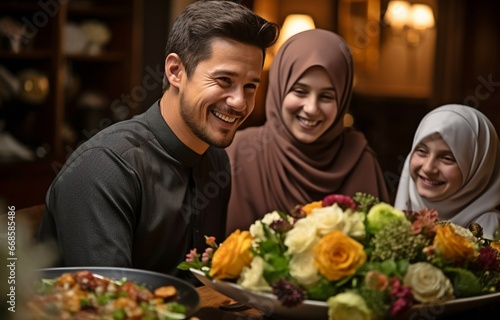 Happy Ramadan! Asian wife and husband having dinner together at home. A two-generation family hosts a joint Eid al-Fitr celebration at home. Families get together for Hari Raya..