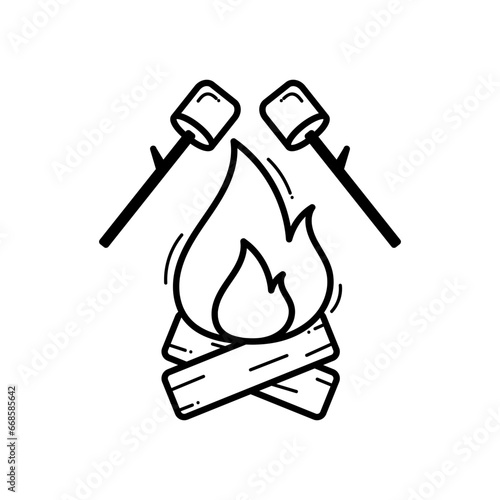 Roasting marshmallows on branches over a campfire. vector illustration