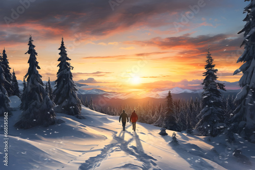 Couple of hikers walking on snowy ground in winter countryside with snow covered spruce trees, mountains in the background and setting sun. Orange, blue, gray and white colors.