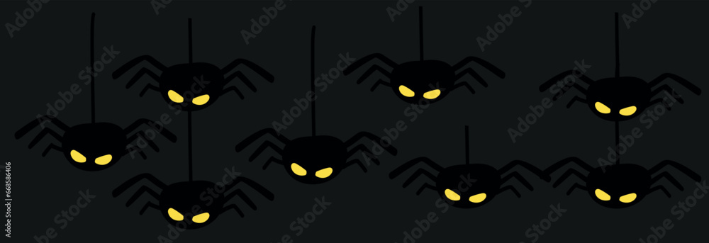  black spiders hanging on strings against a dark background. Spooky Halloween vector illustration featuring creepy spider  Perfect for party decorations, holiday designs, and autumn celebrations.