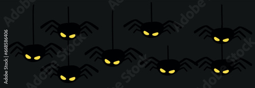  black spiders hanging on strings against a dark background. Spooky Halloween vector illustration featuring creepy spider  Perfect for party decorations, holiday designs, and autumn celebrations.
