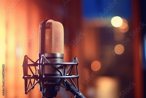 close up Radio station microphone in recording studio with blur background