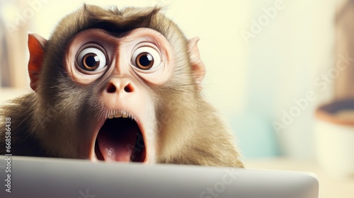 Office Wonders: Monkey in Glasses Amazed by Laptop Display, Cute and Playful Character © lublubachka