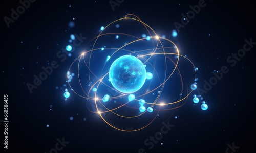 Science thechnology background with a model of an atom and flying electrons