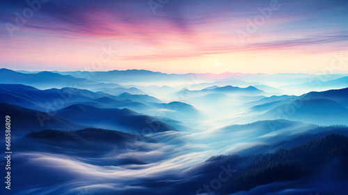 Whispers of Dawn: Ethereal Mountains Embrace Misty Valleys Under Vibrant Twilight Skies