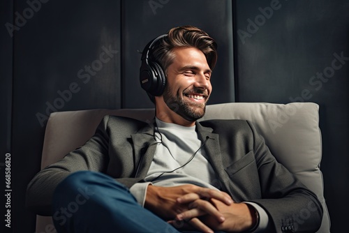 businessman Handsome young man listening to music with headphones and smiling while sitting on sofa in office