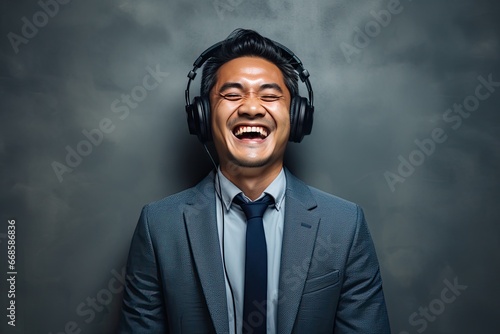 smiling businessman listening to music in headphones. Men's beauty, fashion