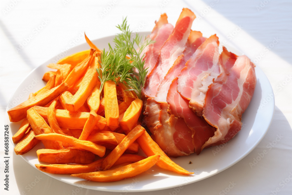 Glazed carved roast ham and sweet potato with fresh herbs and aromatic spices. Homemade baked pork slices at holiday dinner. Xmas dinner table setting on light background. Glazed carved roast ham and sweet potato with fresh herbs and aromatic spices. Homemade baked pork slices at holiday dinner. Xmas dinner table setting on light background.