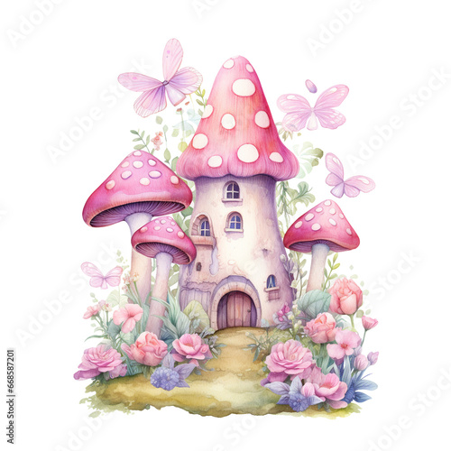 Watercolor fairy garden house in pink pastel colors © sudevi