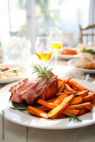 Glazed carved roast ham and sweet potato with fresh herbs and aromatic spices. Homemade baked pork slices at holiday dinner. Xmas dinner table setting on light background.