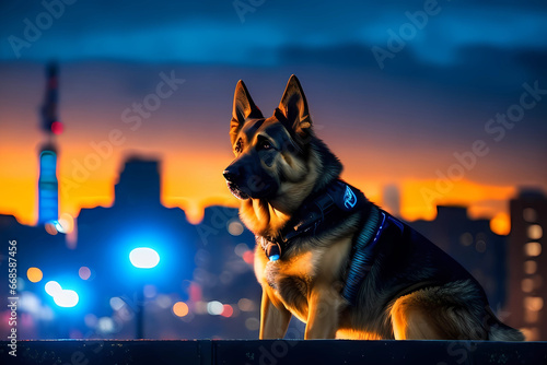 German Shepherd Towering Presence in the Night Urban Scene. Generative AI