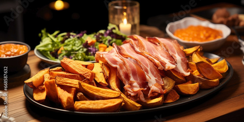 Glazed carved roast ham and sweet potato with fresh herbs and aromatic spices. Homemade baked pork slices at holiday dinner. Xmas dinner table setting on dark background.