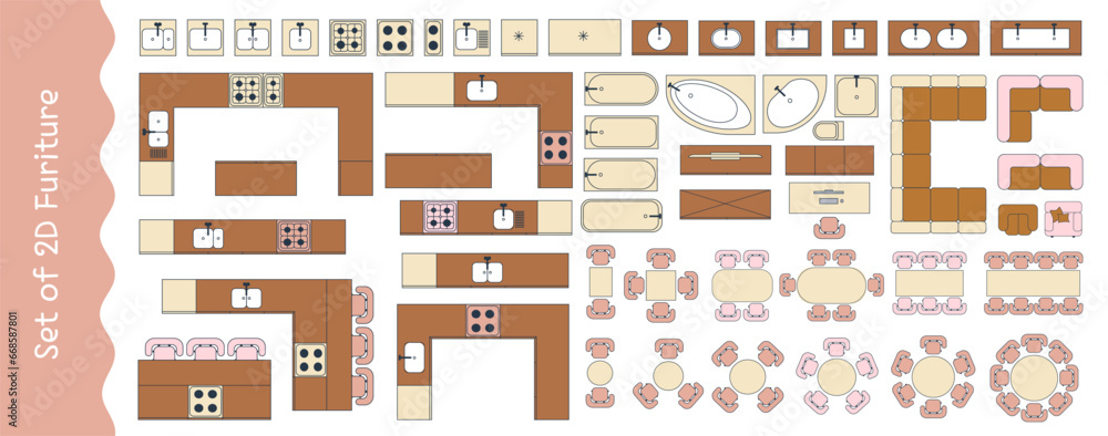 Furniture for the floor plan. Top view tables, beds, chairs, sofas