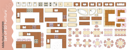 Furniture for the floor plan. Top view tables, beds, chairs, sofas, wardrobes, kitchen furniture, etc. Perfect for interior mood boards and planning sketches. Architectural.