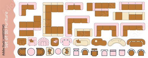 Furniture for the floor plan. Top view sofas, armchairs, and coffee tables. Perfect for interior mood boards and planning sketches. Architectural.