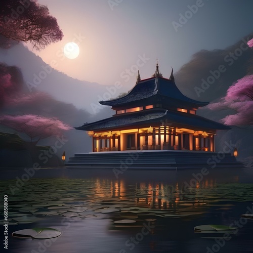 An ancient, moonlit temple surrounded by luminous, floating lily pads3