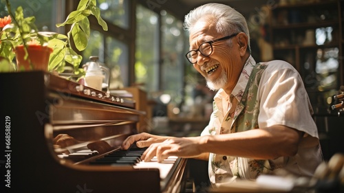 Happily unwinding Asian senior retired man learning to play the piano at home, aged man in his living room, wearing spectacles.
