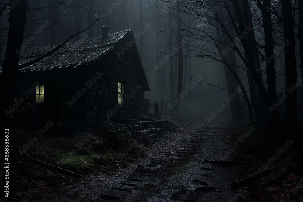 empty cabin with iluminated window in the misty woods, lonely feeling dark and creepy forest. - obrazy, fototapety, plakaty 