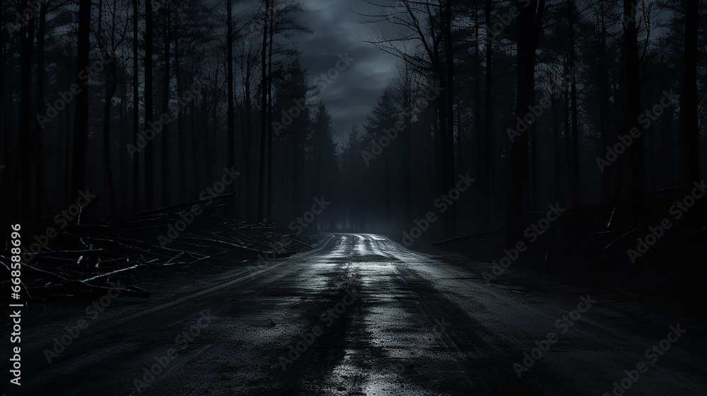 Fototapeta premium creepy empty road through the woods in the night, feeling lonely and horror. halloween background.