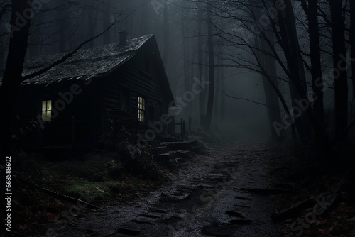 empty cabin with iluminated window in the misty woods, lonely feeling dark and creepy forest. photo