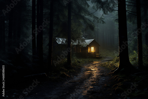 empty cabin with iluminated window in the misty woods, lonely feeling dark and creepy forest. photo