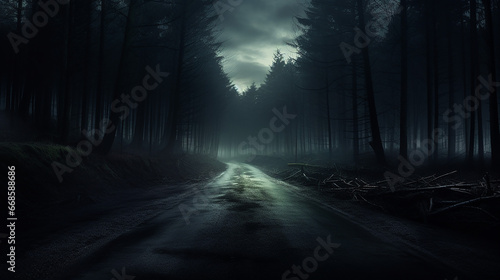 creepy empty road through the woods in the night, feeling lonely and horror. halloween background. photo