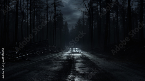 creepy empty road through the woods in the night, feeling lonely and horror. halloween background.