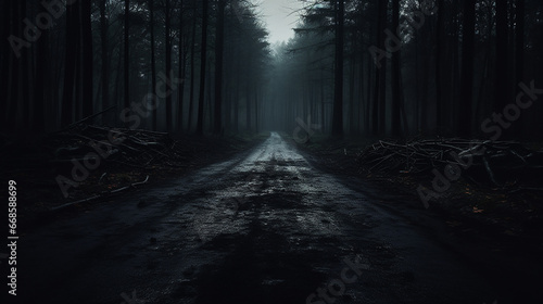 creepy empty road through the woods in the night  feeling lonely and horror. halloween background.
