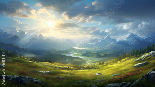 Mountain landscape field sun light
