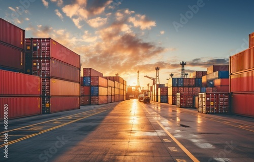 Forklift and logistic import/export enterprise, an industrial container yard. Concept of the import-export sector.