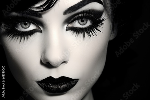Silent film actress  expressive eyes and dramatic makeup.