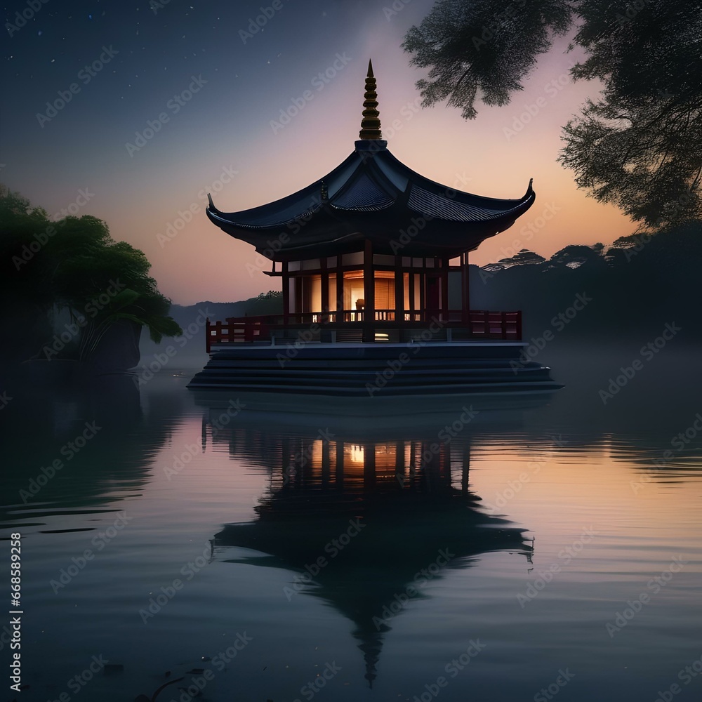 A serene, moonlit temple on the edge of a tranquil lake reflecting the night sky5 A serene, moonlit temple on the edge of a tranquil lake reflecting the night sky5