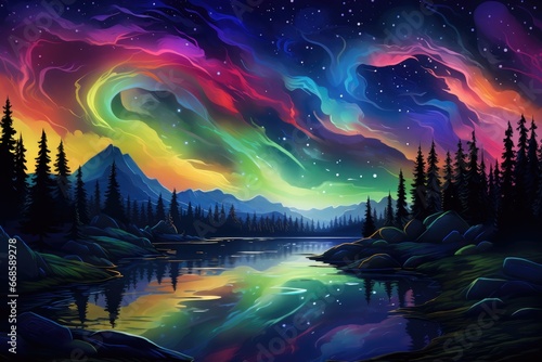 Vibrant aurora borealis, colorful night sky.