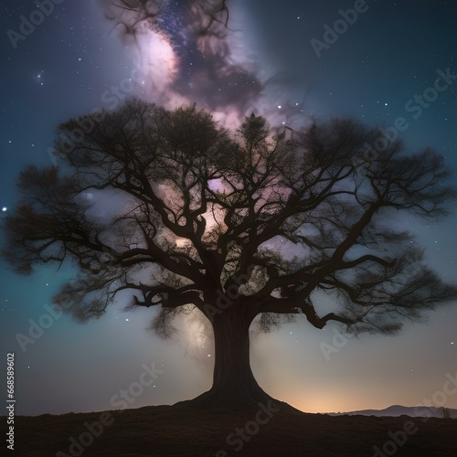A colossal  sentient tree under a blanket of stardust  harboring secrets in its roots4