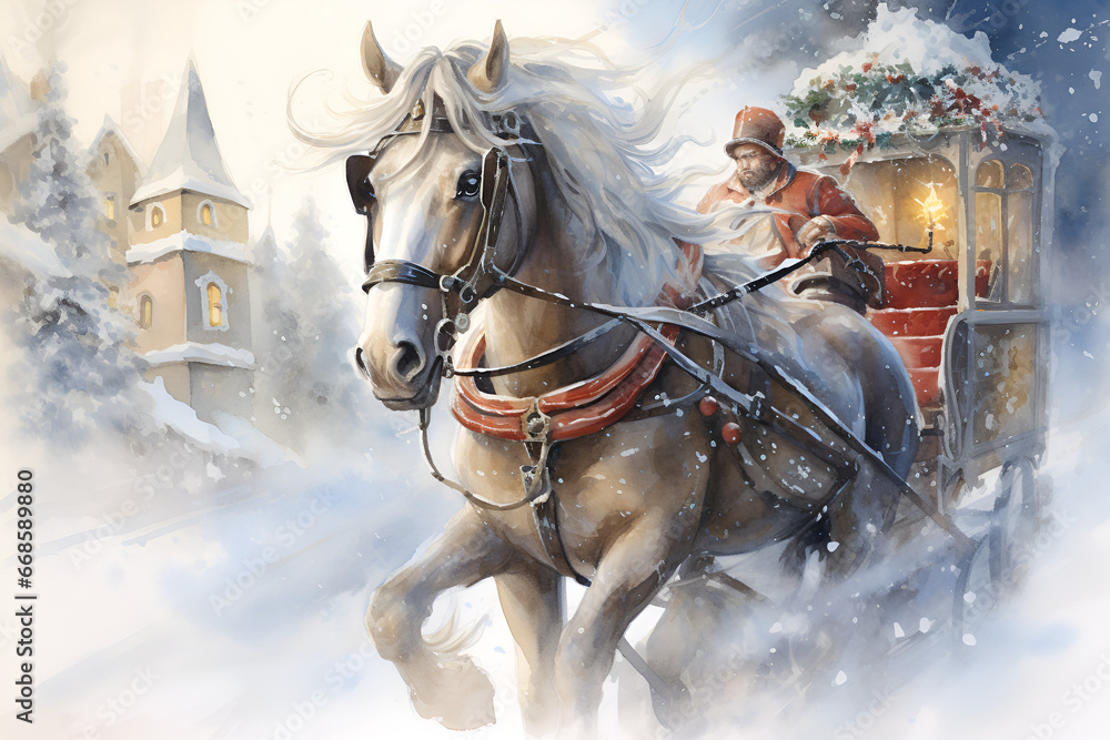 a man riding in a horse drawn sleigh through the snow. generative ...