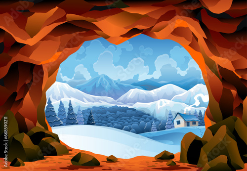 Cave landscape. Winter nature scene of cave entrance. Prehistoric dungeon, rock cavern game illustration. Vector illustration of tunnel in mountain or mine in rocks