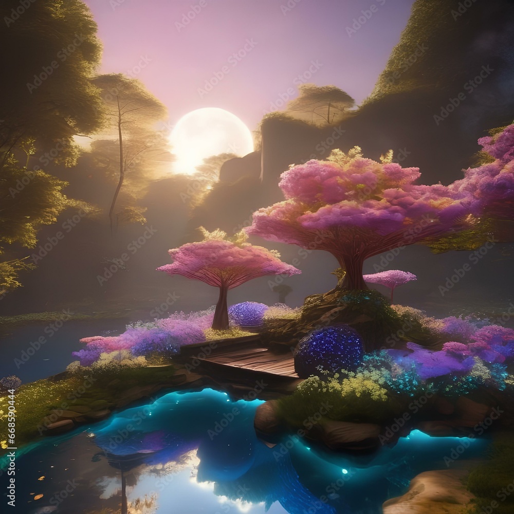 Fototapeta premium A celestial, floating island adorned with glowing flowers that bloom only at night4